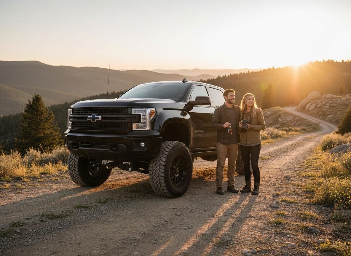 A smiling couple stands proudly next to their black lifted Chevrolet truck on a dirt road, with sunlit mountains in the background. Couple with Lifted Chevrolet Truck on Mountain Road at Sunset