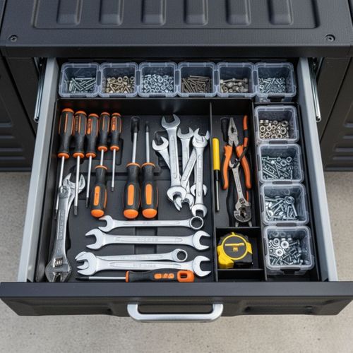 A detailed top-down view of an open truck bed drawer meticulously organized with an array of hand tools including wrenches, screwdrivers, pliers, and various hardware components like nuts and bolts in separate compartments, showcasing practical storage for