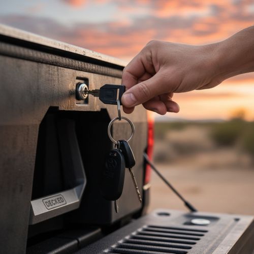 A close-up shot of a hand inserting a key into the lock of a truck bed drawer system, with a desert-like landscape and sunset in the background, symbolizing security and accessibility for gear in outdoor or work settings.