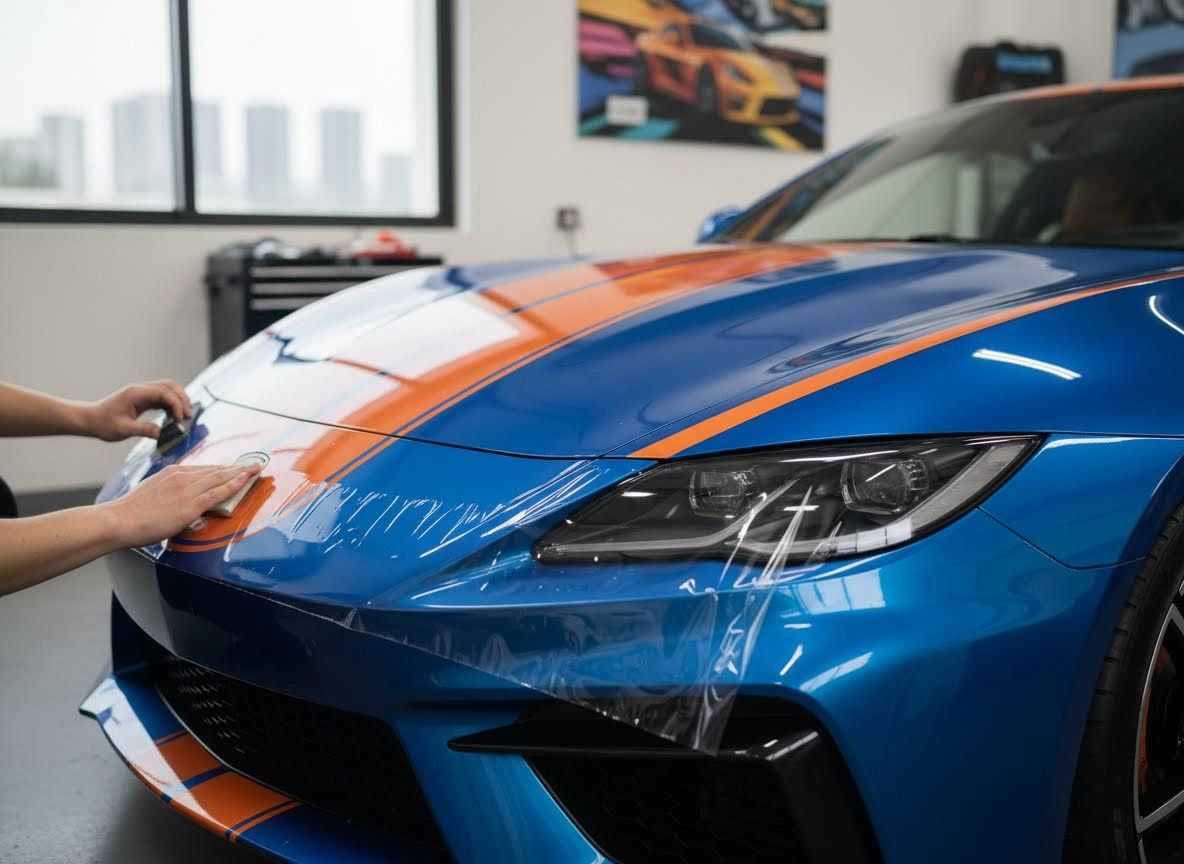 Close-up of hands applying clear protective film to the hood of a blue sports car with orange racing stripes in an auto shop. Applying Paint Protection Film to a Blue Sports Car