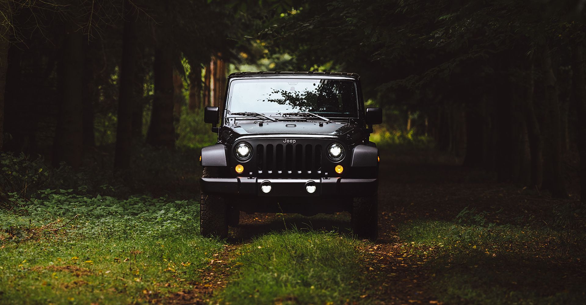 Black Jeep driving through the woods Black Jeep driving through the woods