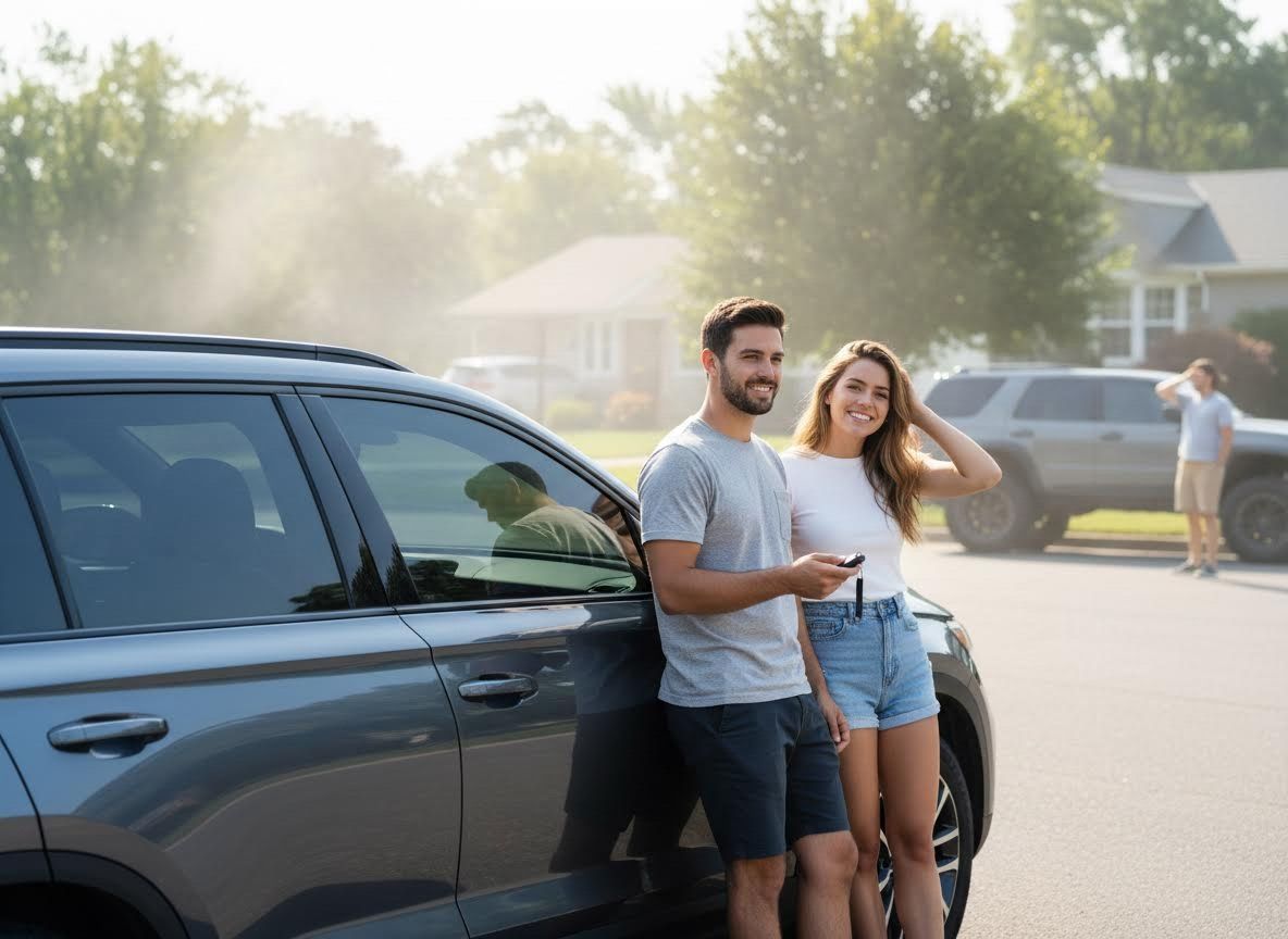 A smiling couple stands next to a dark gray SUV, with the man holding car keys, in a sunny suburban neighborhood. Happy Couple with New Car Keys in Suburban Setting