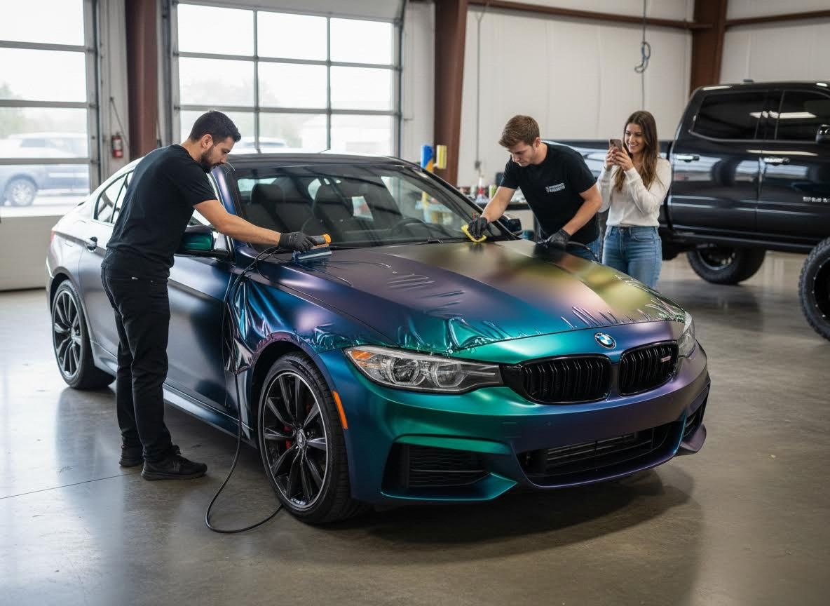 Professional car wrap application on a BMW
