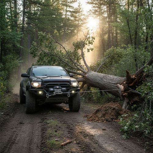 A truck using a winch to move a fall tree out of a dirt road.