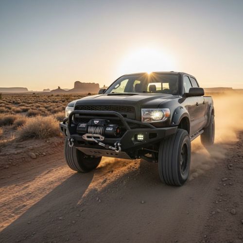 A truck off-roading in the desert with a winch.