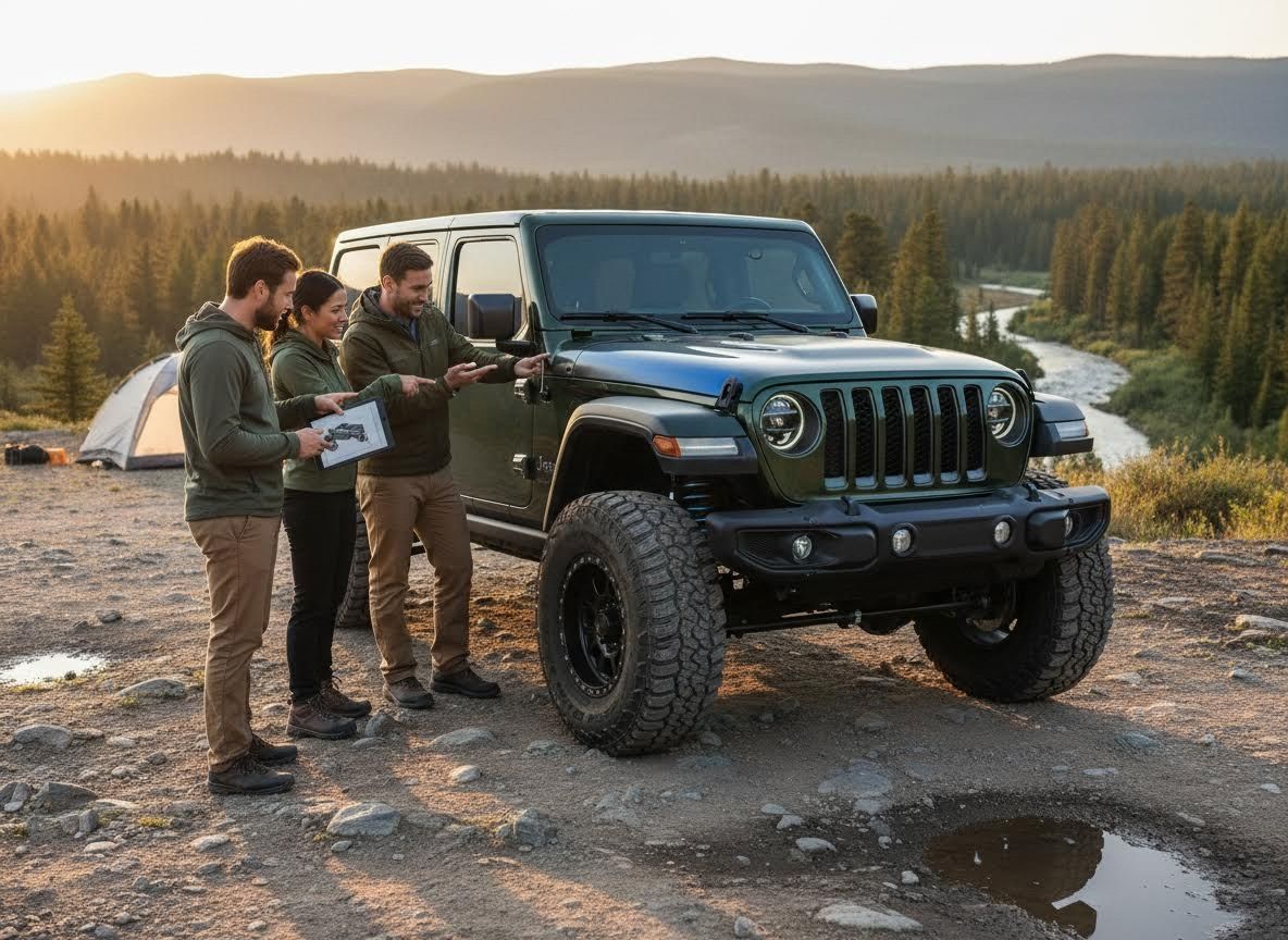 A woman and two men review a map next to a dark green Jeep Wrangler in a scenic mountainous landscape with a river and forest at sunset. Three people planning an outdoor adventure with a dark green Jeep Wrangler