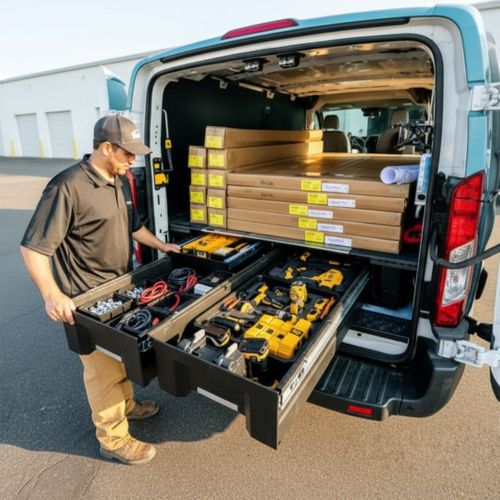 A person stands at the rear of a work van, which has its back doors open to reveal custom shelving and drawer systems filled with tools, lumber, and various supplies, illustrating efficient mobile workspace organization.