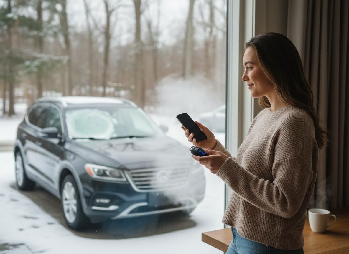 Woman remotely starts car in snowy weather