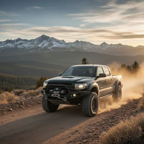 A truck driving through the mountains with a winch.