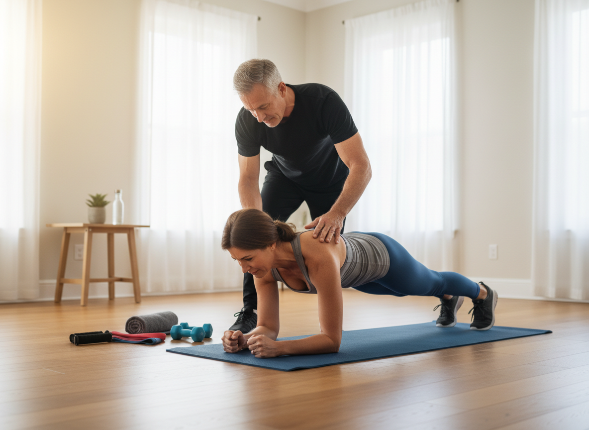 Personal Trainer Guiding Woman in Plank Exercise