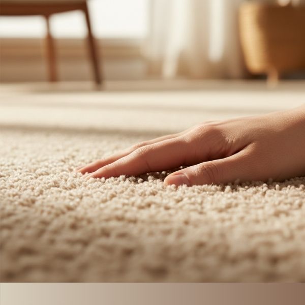 A macro shot of plush carpet pile, showing its rich texture, with a hand gently touching the soft fibers.