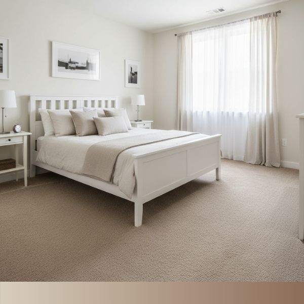 A modern, clean bedroom in a rental property featuring newly installed, durable carpet.