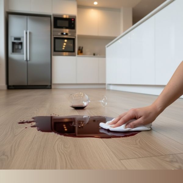 A close-up shot in a modern kitchen showing a person's hand wiping up a spill of red wine from waterproof luxury vinyl plank flooring.