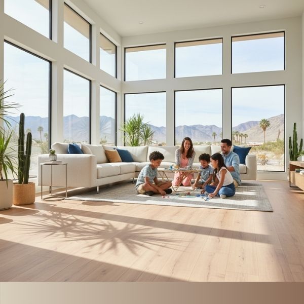 A modern Las Vegas living room with bright laminate wood flooring, filled with sunlight and a family playing a board game, emphasizing durability and style.