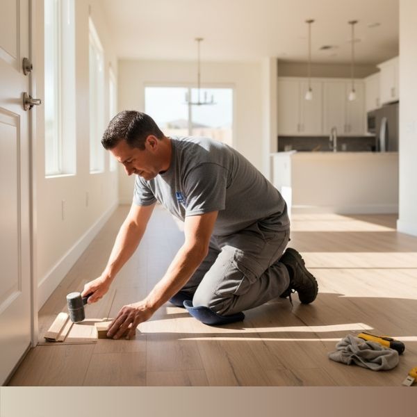 An Everlast Flooring installer performing final touches on a laminate floor installation in a Las Vegas home.