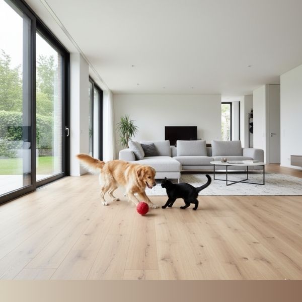 A wide-angle view of a contemporary living room featuring light-colored luxury vinyl plank flooring, with a golden retriever and a black cat playing together on the durable surface.