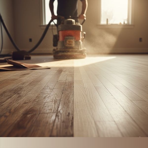A close-up of a scratched hardwood floor with a floor sander in the background, illustrating the process of refinishing and restoration.