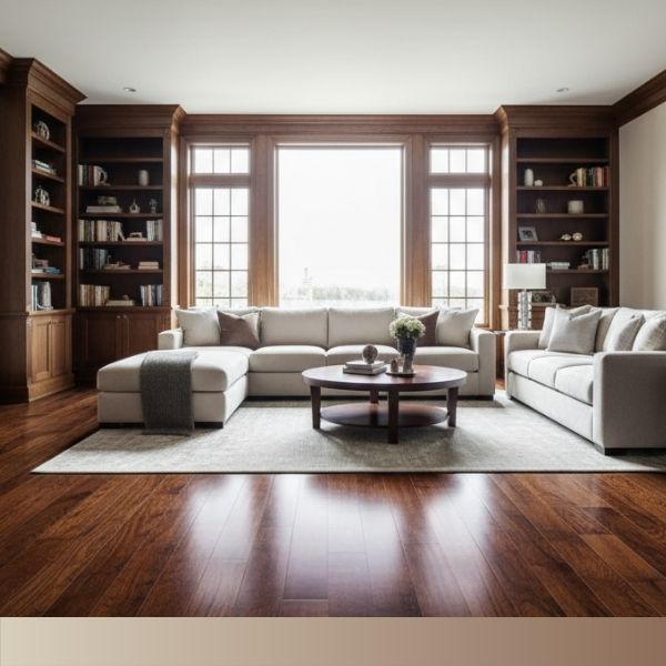 A luxurious living room featuring dark hardwood flooring, bathed in natural light, exuding timeless elegance with classic furnishings.