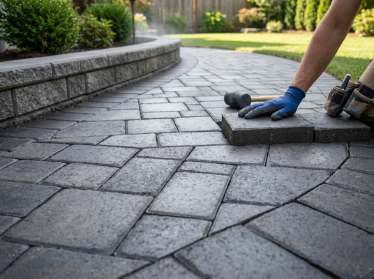 A gloved hand places a grey paver, part of a new patio or path installation. A rubber mallet, stone wall, and green garden are visible. Worker installing grey patio pavers