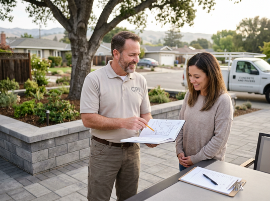 A man in a CPI polo shirt points to design plans in a binder, showing them to a smiling woman on a newly paved patio. Contractor discusses design plans with a happy client