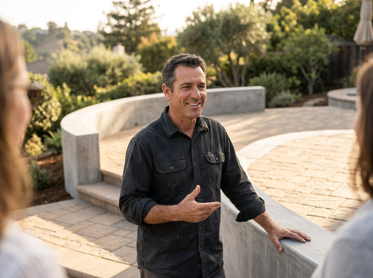 A smiling man in a dark shirt gestures while talking to unseen individuals on a sunlit outdoor patio with lush landscaping. Man smiling and talking on an outdoor patio