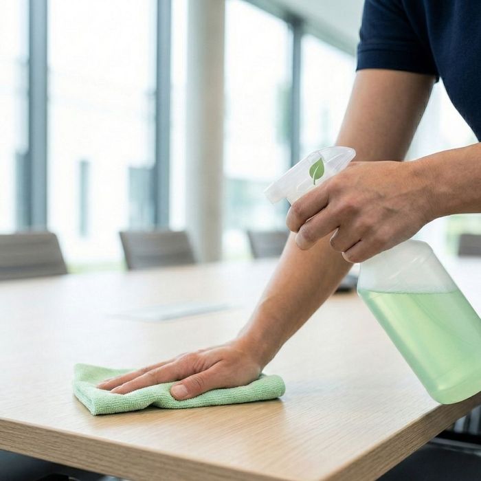 A detailed photograph of a cleaner’s hand using an unmarked, green eco-friendly spray and microfiber cloth on a conference table.