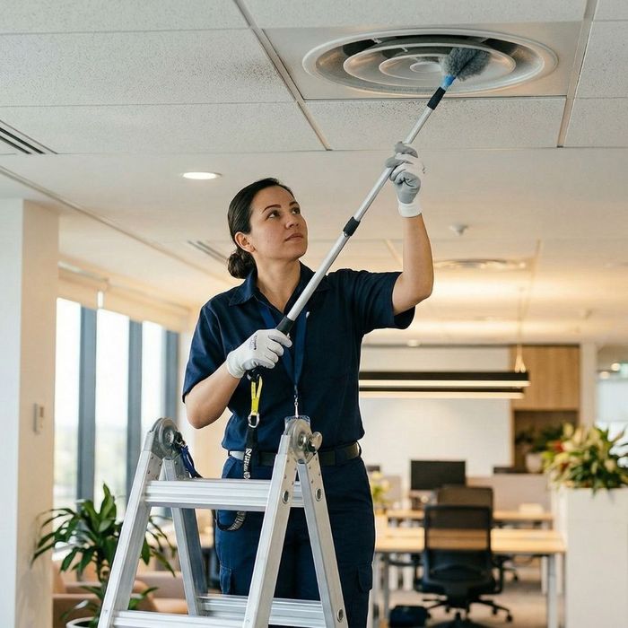 A professional cleaner safely reaches up to dust a ceiling air vent with a specialized tool in a bright office.