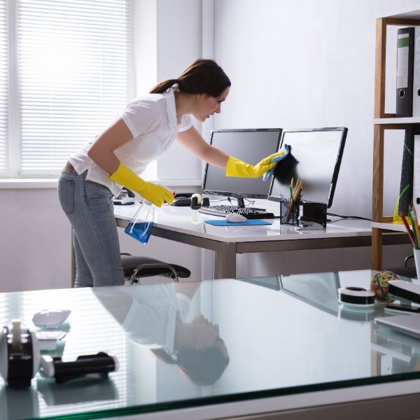 Worker cleaning a monitor