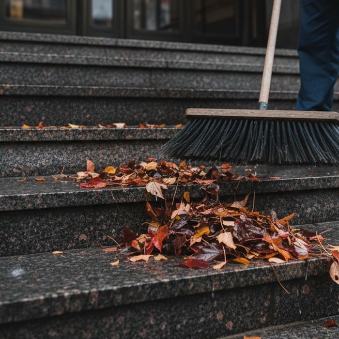 Close-up, photo-realistic image of a worker clearing wet leaves and sweeping the entrance steps of a commercial building. cleaningleaves.jpg