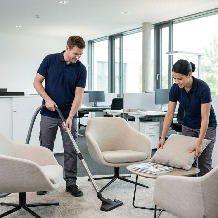 A detailed square photograph of a professional cleaner organizing and vacuuming a modern office collaborative seating area.