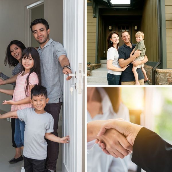 collage of happy family and people shaking hands