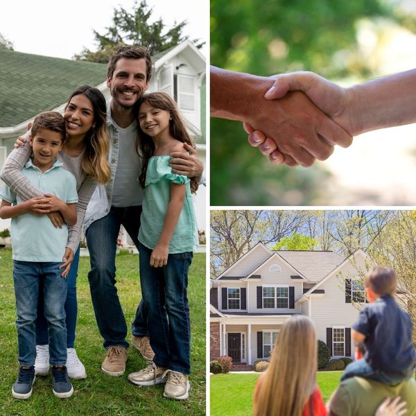 collage of happy family outside of home