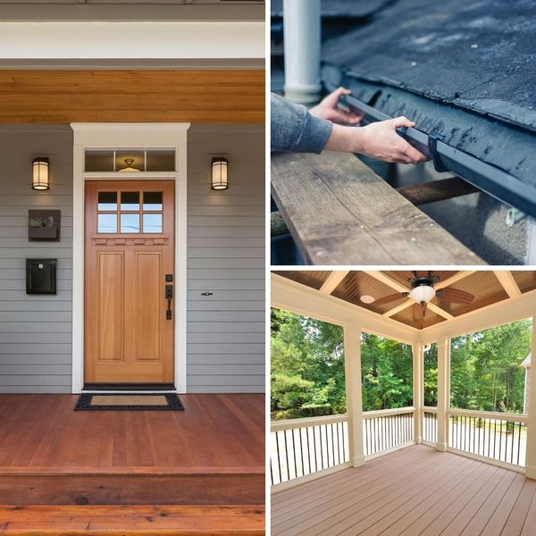 a collage of a front door, a new deck, and gutters being installed