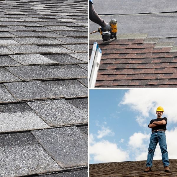 a collage of roofing material and roofer on the roof