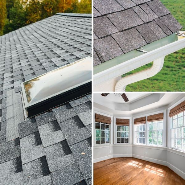 collage of roofing and new windows