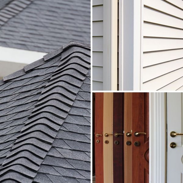 collage of a roof, siding, and doors