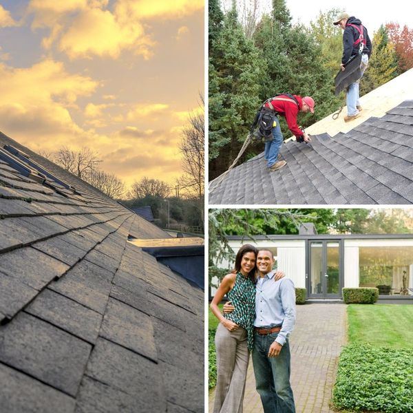 collage of roofers and happy homeowners