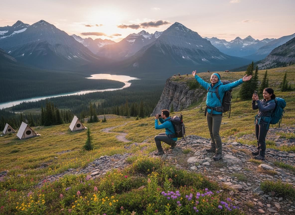 Hikers enjoying a mountain sunset view with glamping cabins