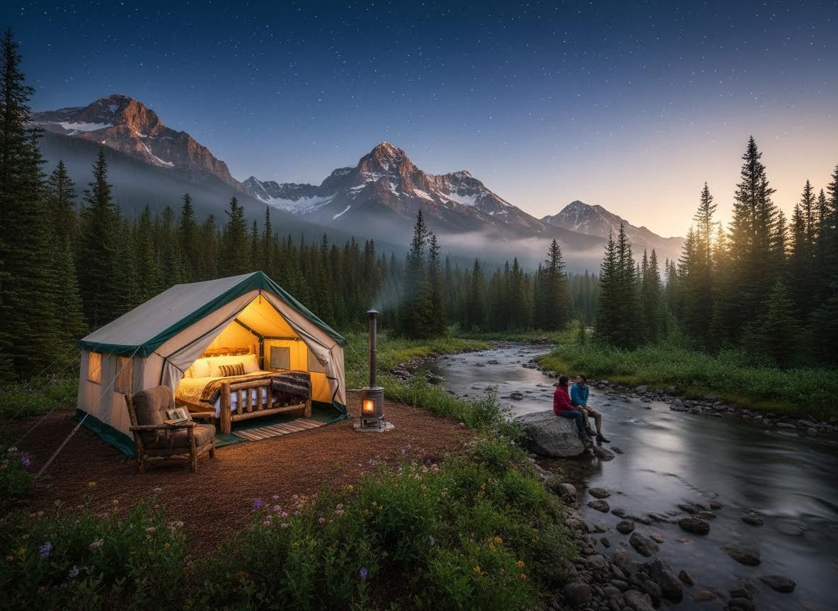 Glamping tent, couple by river, and starry mountains at dawn or dusk