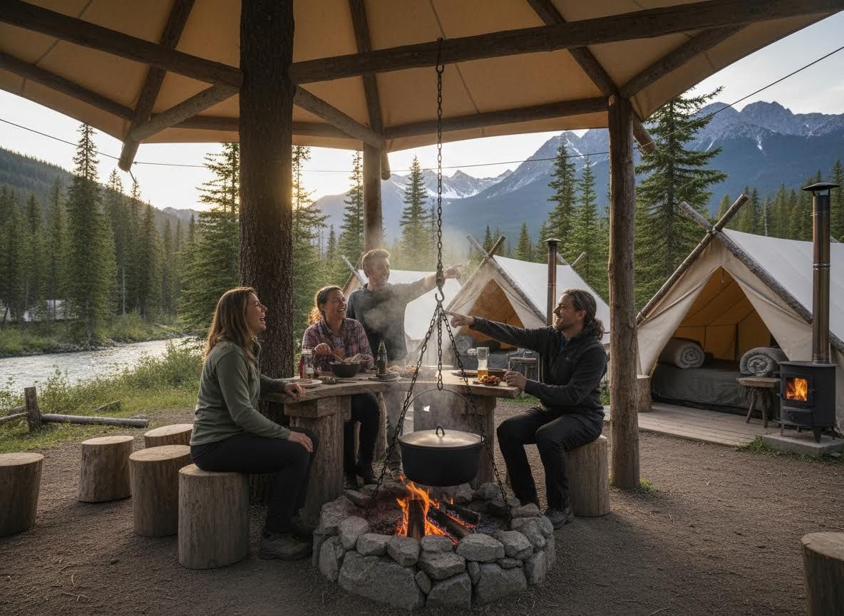 Friends Enjoying Campfire Dinner at a Glamping Site