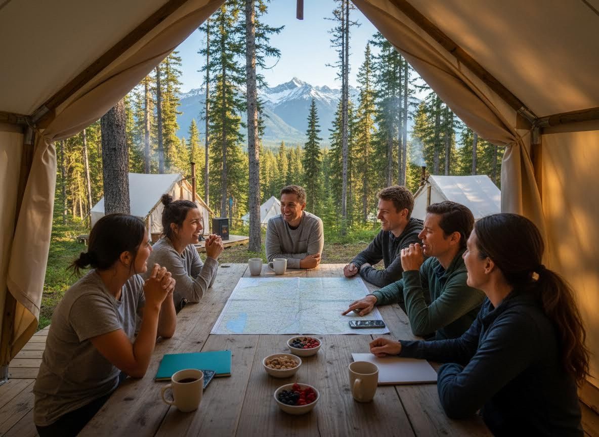 Group of friends planning a trip inside a glamping tent