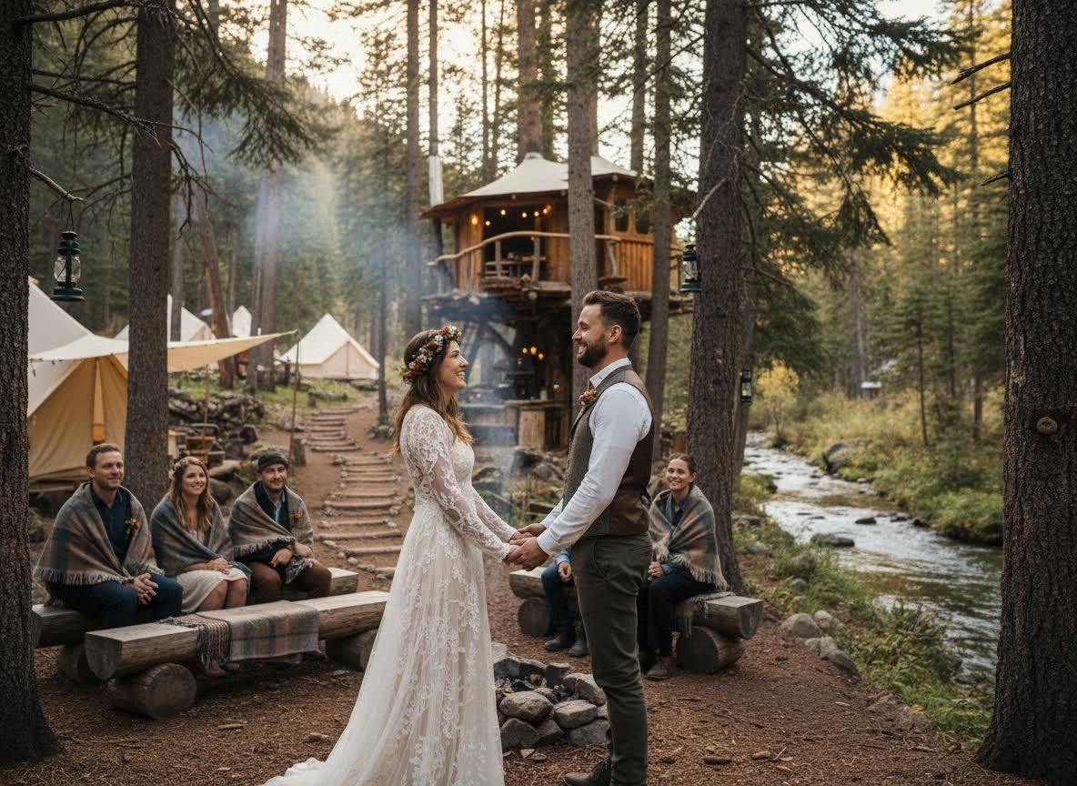 Romantic Outdoor Wedding Ceremony in a Forest with Treehouse and Glamping Tents