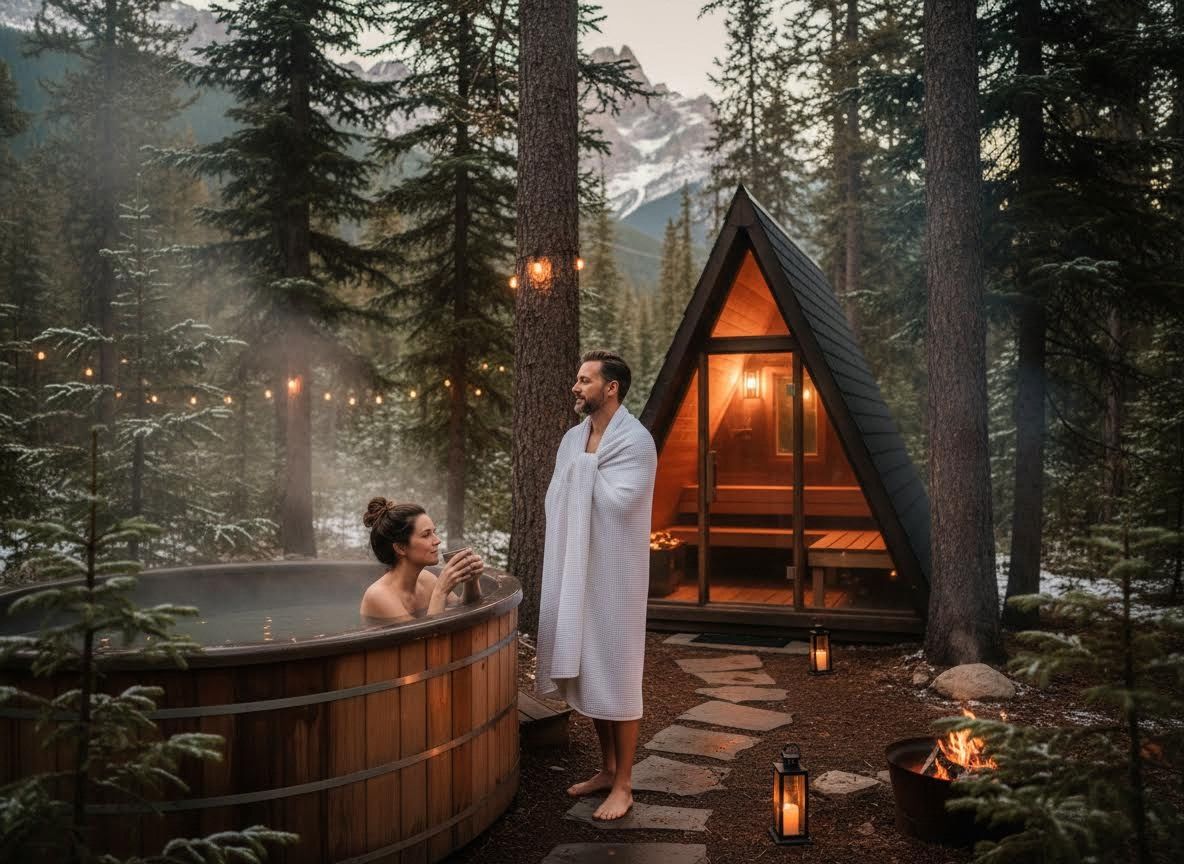 Couple relaxing at a cozy forest retreat with hot tub and A-frame cabin