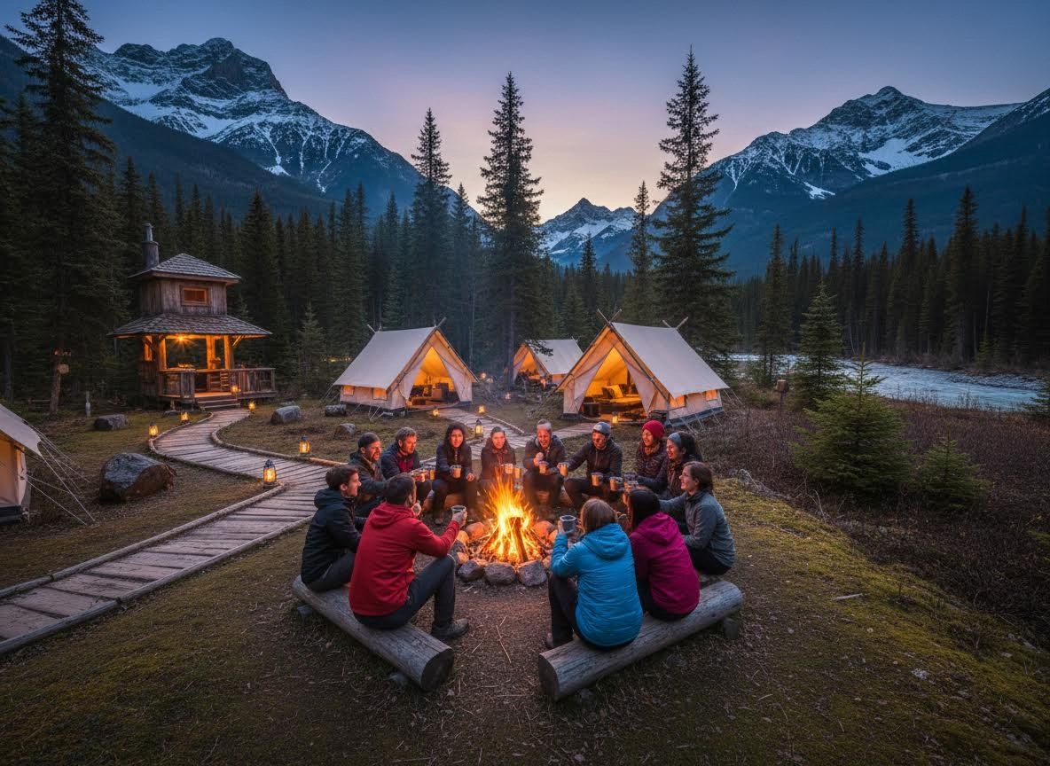 Friends Gathered Around a Campfire at a Mountain Glamping Site