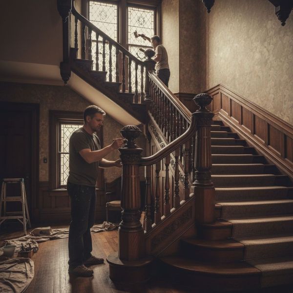 The intricate wooden staircase of a historic home, carefully stripped and re-stained to its original glory during a home restoration.