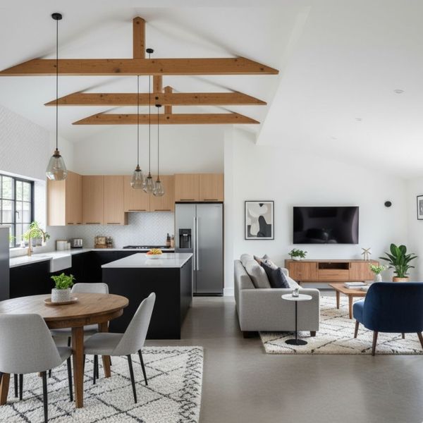 An open-concept living area where a wall has been removed, connecting the kitchen and living room, showcasing a home remodel.