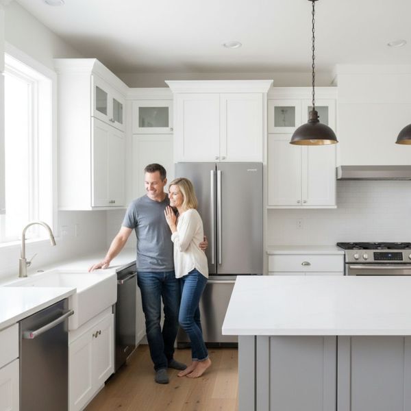 A bright and modern kitchen with freshly painted white cabinets and new stainless steel appliances, representing a successful home renovation.