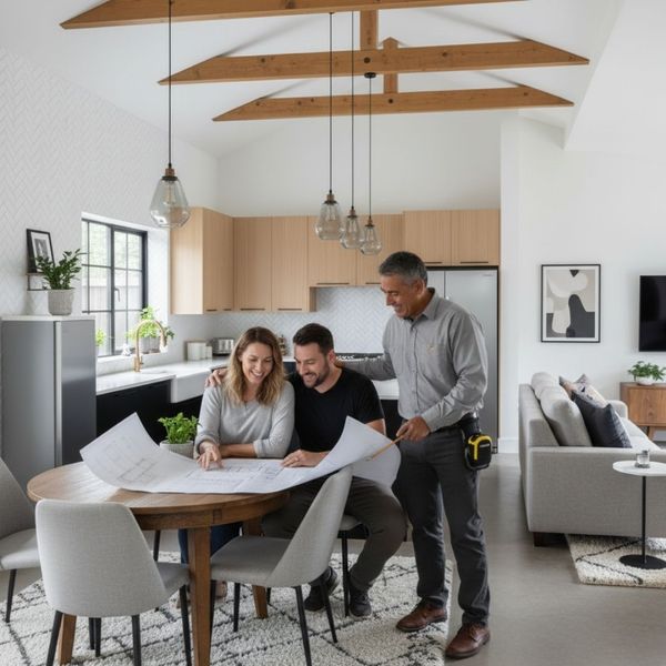 A couple happily reviewing blueprints with a friendly contractor in their home, planning their next project.