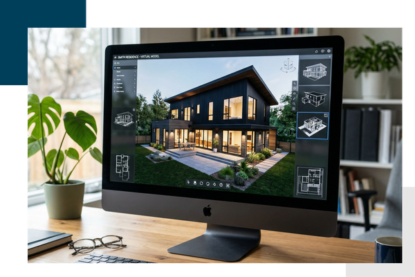 Virtual home model on a laptop screen.