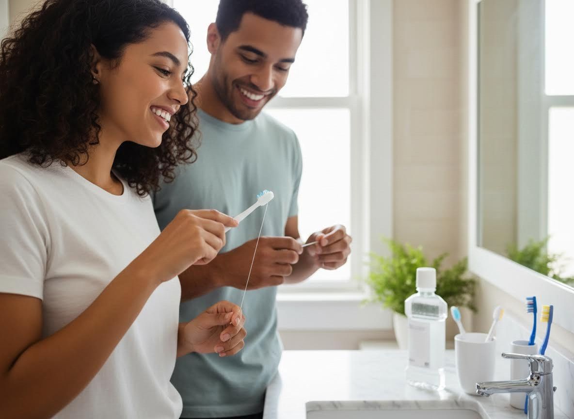 Smiling Couple Flossing Teeth in Bathroom